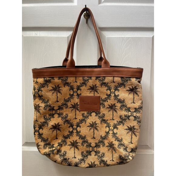 Large Tapestry Tote Bag Tan Palm Tree Print Brown Leather Trim Beach Travel - Picture 1 of 6